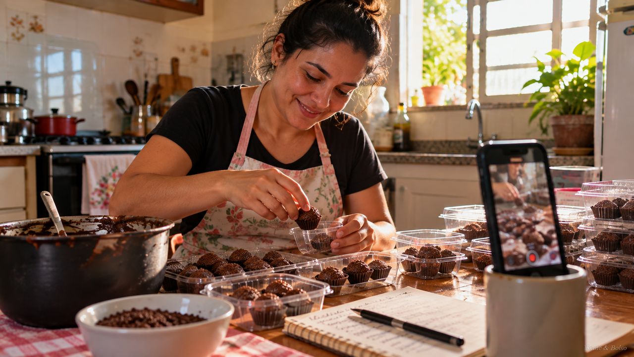 Confeiteira na cozinha de casa colocando brigadeiros em potinhos