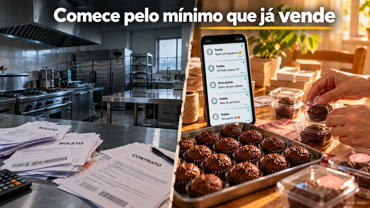 Imagem dividida: de um lado, uma cozinha industrial cara e vazia com boletos e contrato sobre a bancada; do outro, uma bandeja de brigadeiros e um celular com vários pedidos chegando, sob o título Comece pelo mínimo que já vende