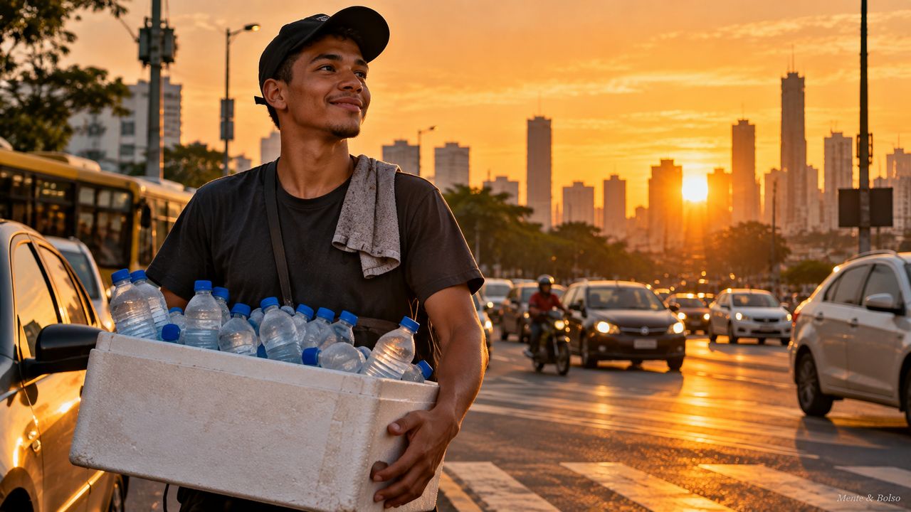 Jovem vendedor de água num cruzamento de avenida ao nascer do sol, segurando uma caixa de isopor com garrafinhas, sorrindo com esperança, com a cidade ao fundo