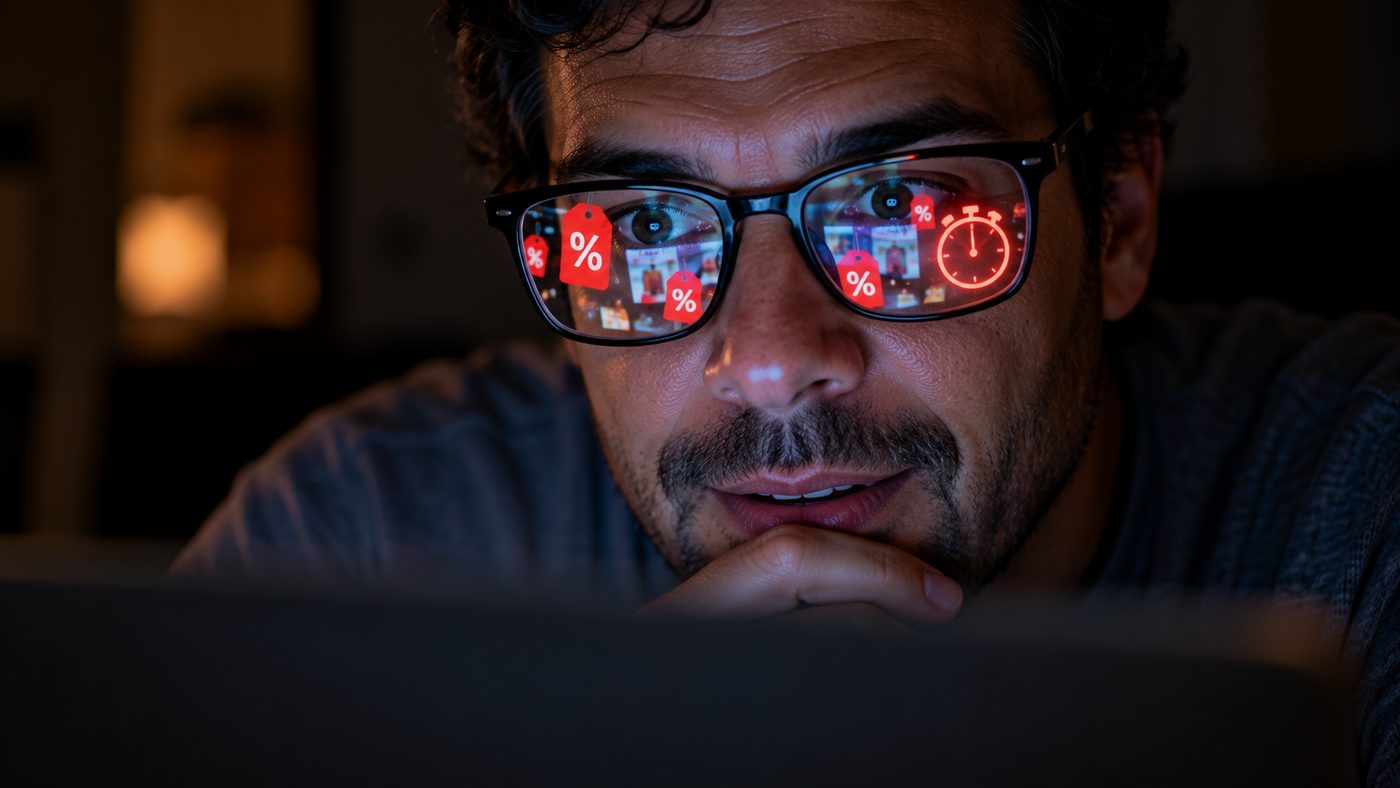 Homem de óculos olhando para a tela do notebook à noite, com etiquetas de desconto e um cronômetro refletidos nas lentes