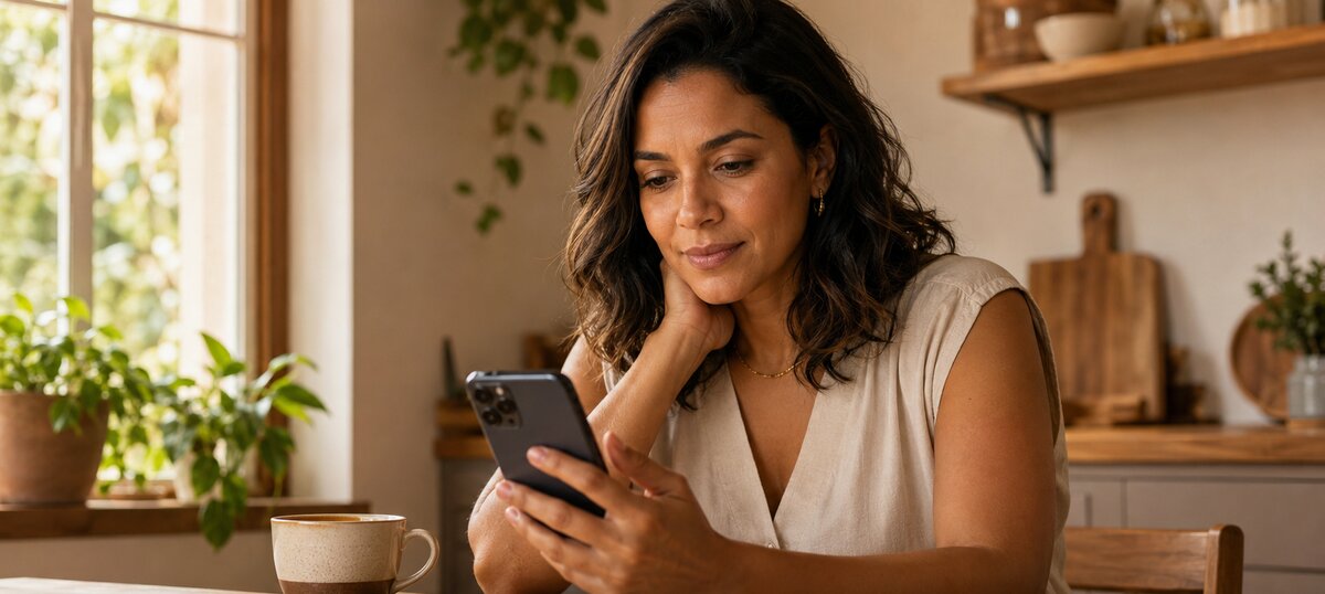 Mulher olhando pensativa para o celular com aplicativo de finanças, em casa
