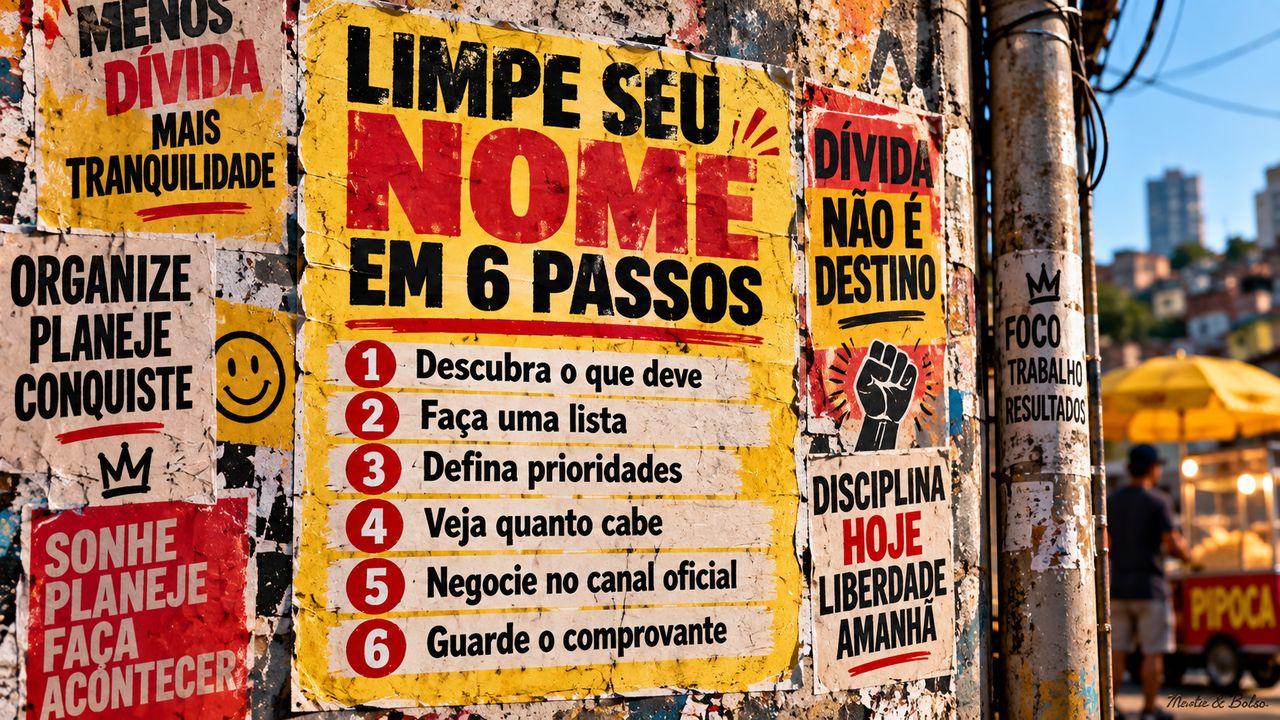 Muro de rua com cartazes lambe-lambe; o principal diz Limpe seu nome em 6 passos: descubra o que deve, faça uma lista, defina prioridades, veja quanto cabe, negocie no canal oficial, guarde o comprovante