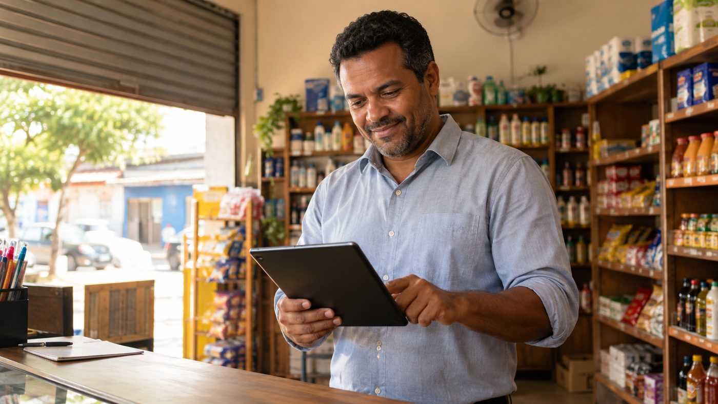Dono de mercearia de bairro sorrindo enquanto usa um tablet atrás do balcão