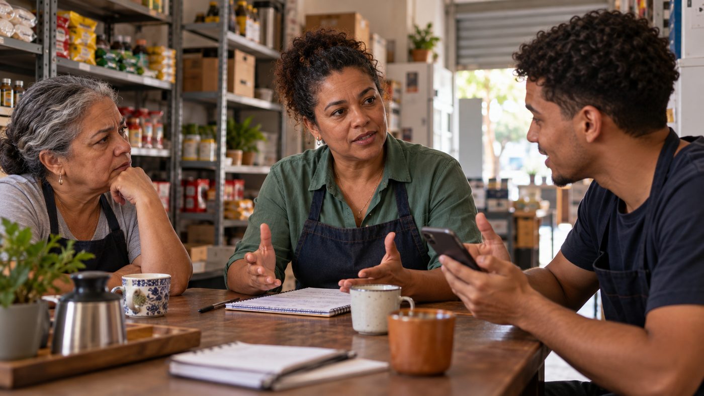 Dona de uma pequena loja conduz uma conversa com uma funcionária mais velha e um funcionário jovem com o celular na mão, em volta de uma mesa com xícaras de café