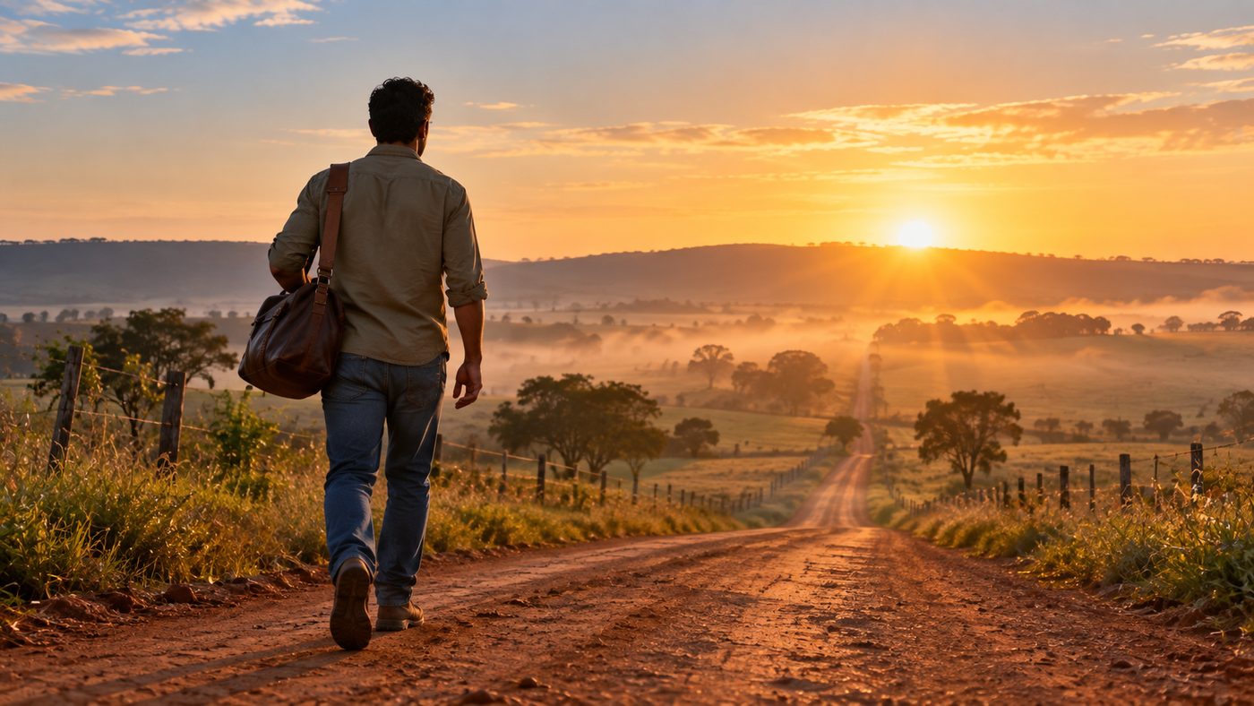 Homem de costas caminhando numa estrada de terra do interior do Brasil ao amanhecer, com uma bolsa de couro no ombro e o sol nascendo no horizonte