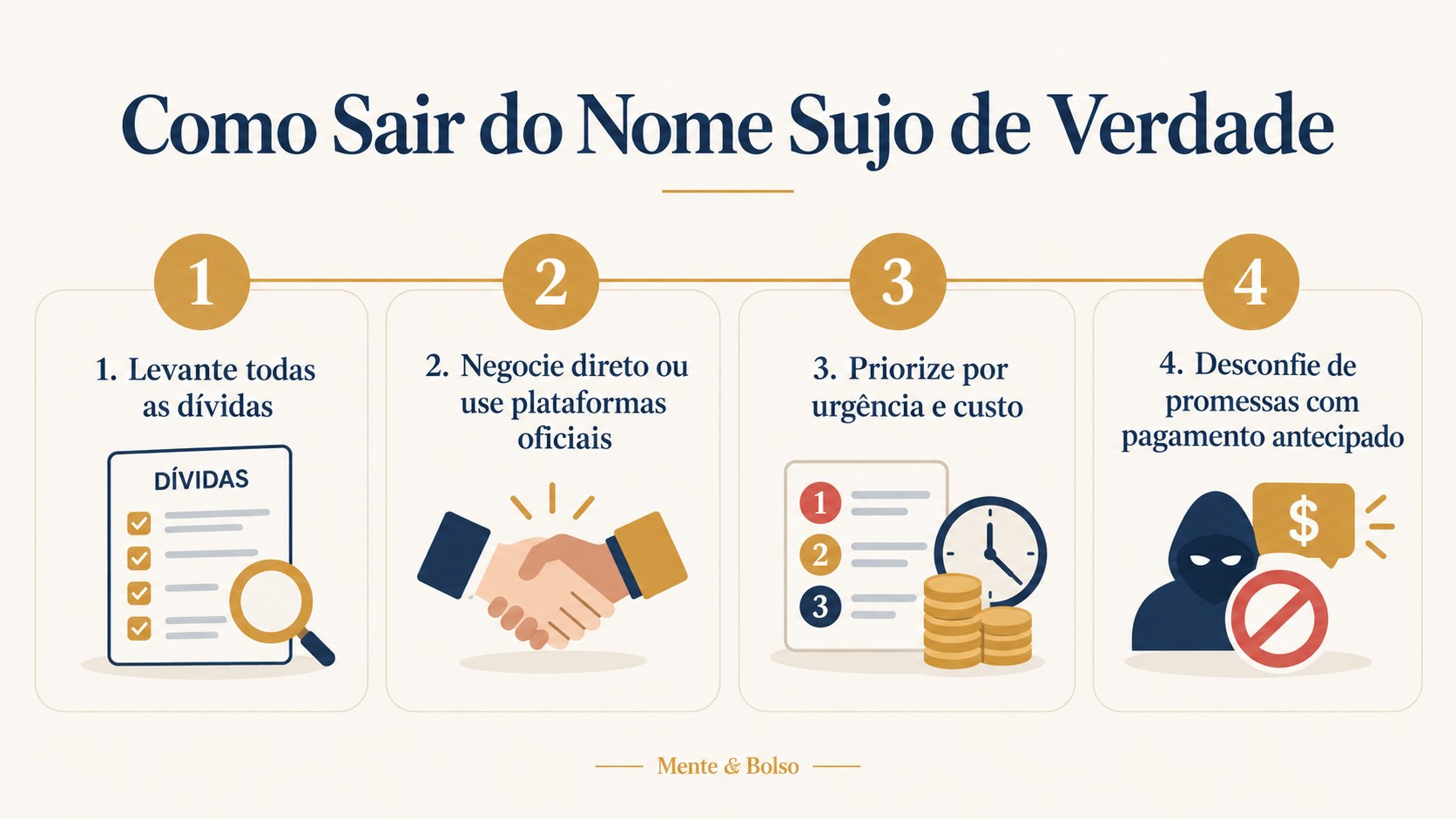 Infográfico com passo a passo para sair do nome sujo: levantar as dívidas, negociar direto ou por plataformas oficiais, priorizar por urgência e custo, desconfiar de pagamento antecipado