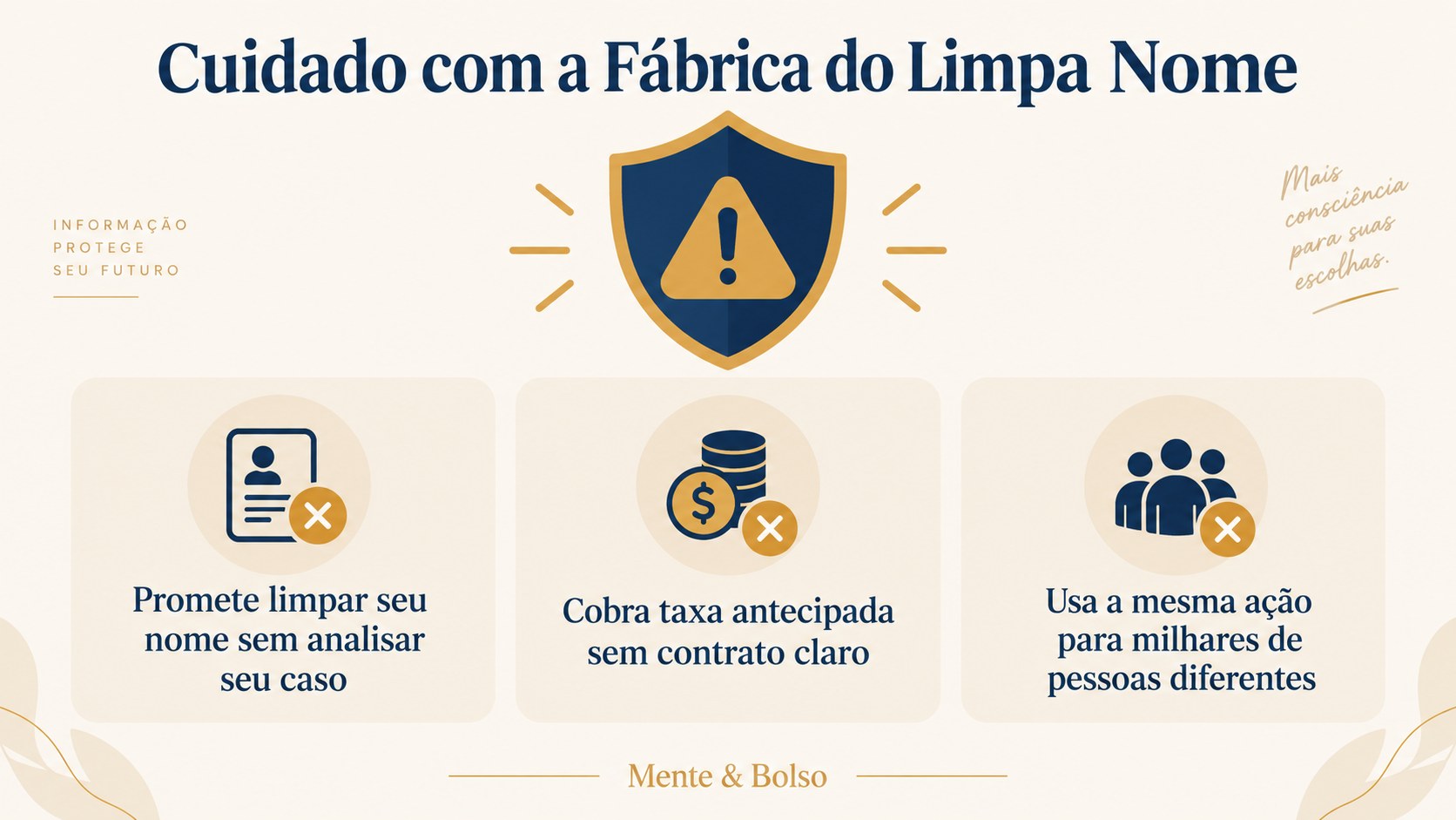 Infográfico de alerta sobre empresas que cobram para prometer limpar o nome do consumidor através de ações judiciais sem base real