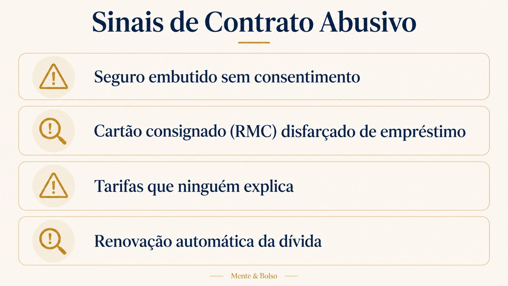 Infográfico com os sinais de alerta de contratos abusivos: seguro embutido, armadilha do RMC, tarifas escondidas, renovação automática do saldo