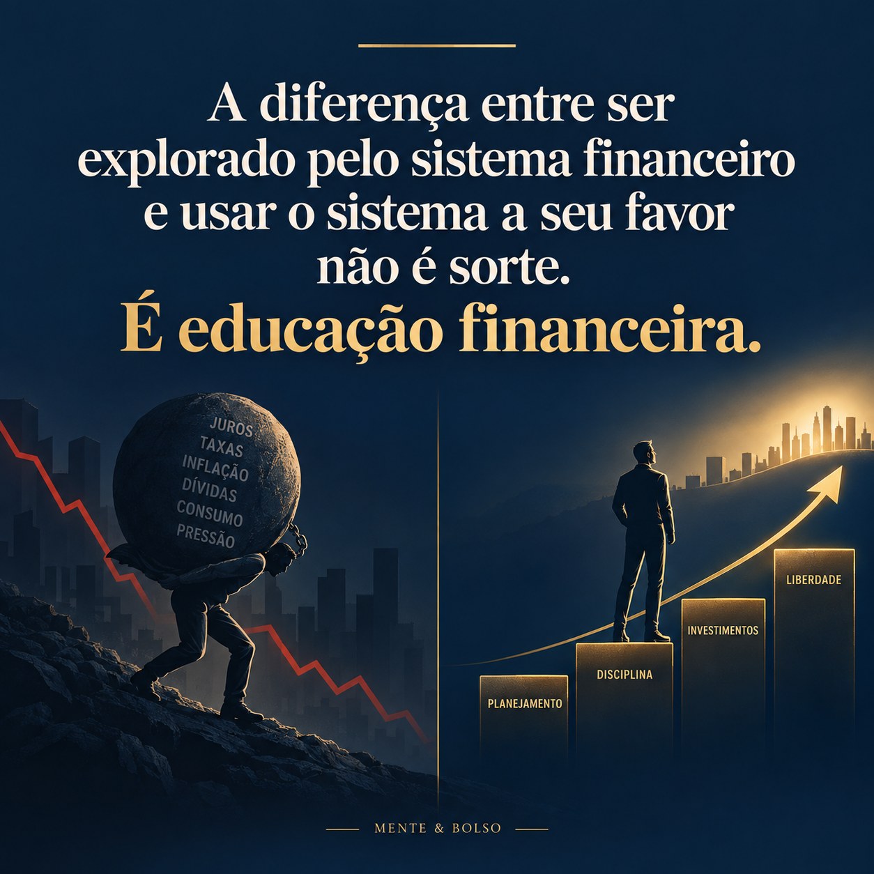 Card com a frase: a diferença entre ser explorado pelo sistema financeiro e usar o sistema a seu favor não é sorte, é educação financeira