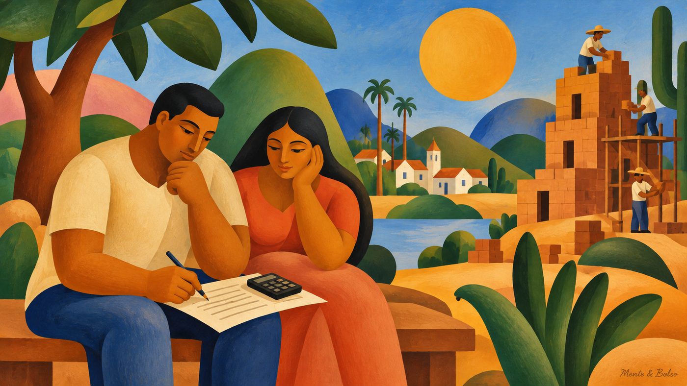 Pintura no estilo do modernismo brasileiro de um casal sentado num banco fazendo contas num papel, com uma torre de tijolos sendo construída ao fundo, sol grande e morros arredondados