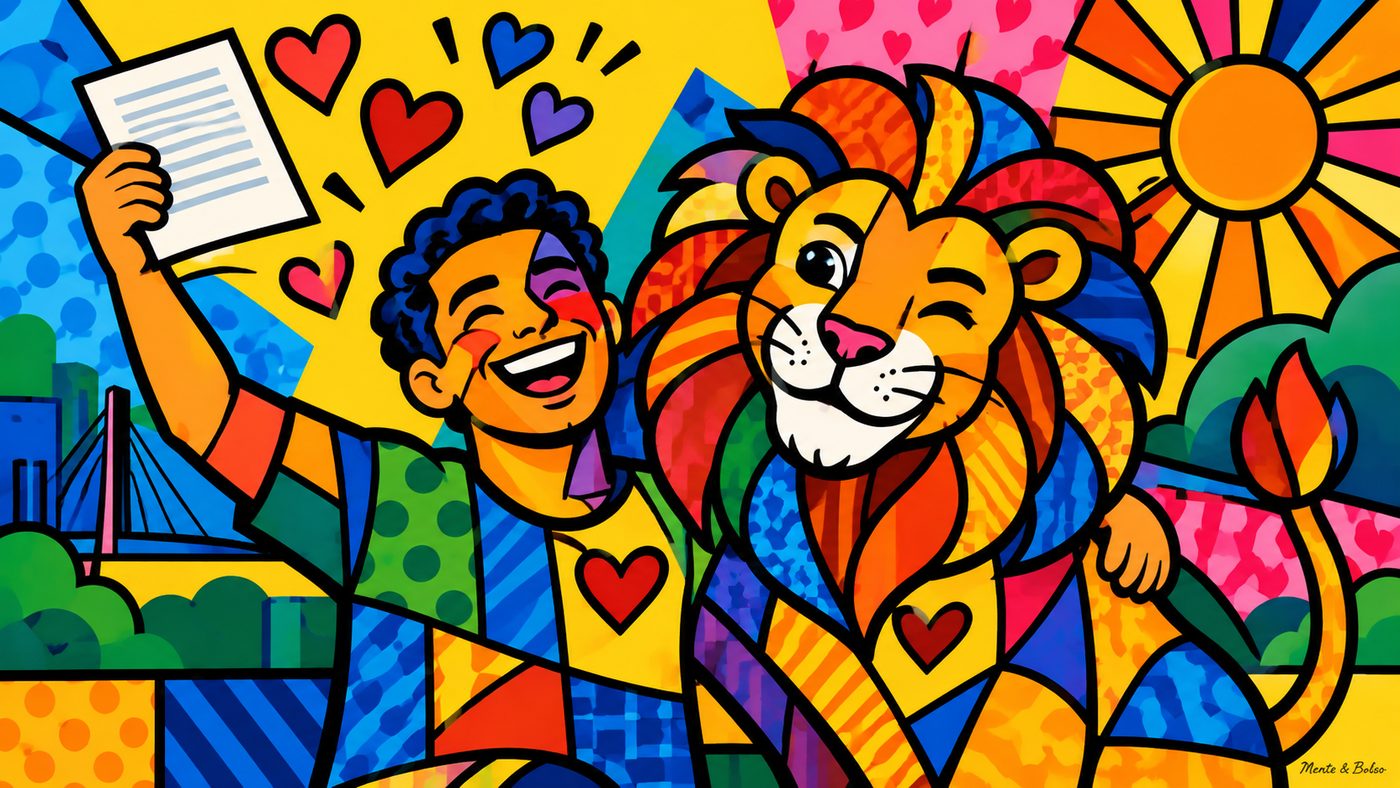 Ilustração em pop art colorida de um trabalhador sorrindo com o contracheque na mão, soltando corações, abraçado a um leão simpático que dá uma piscadela