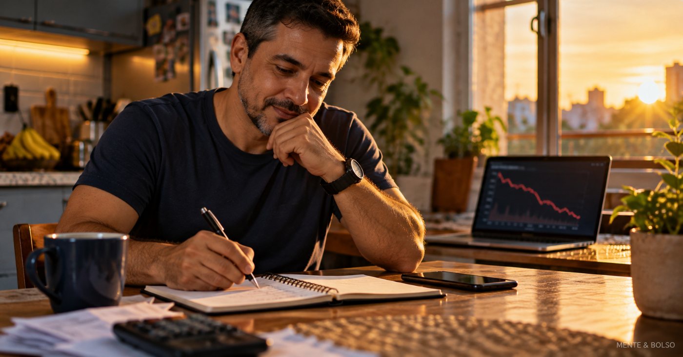 Homem organizando as finanças num caderno, com um gráfico de juros em queda ao fundo
