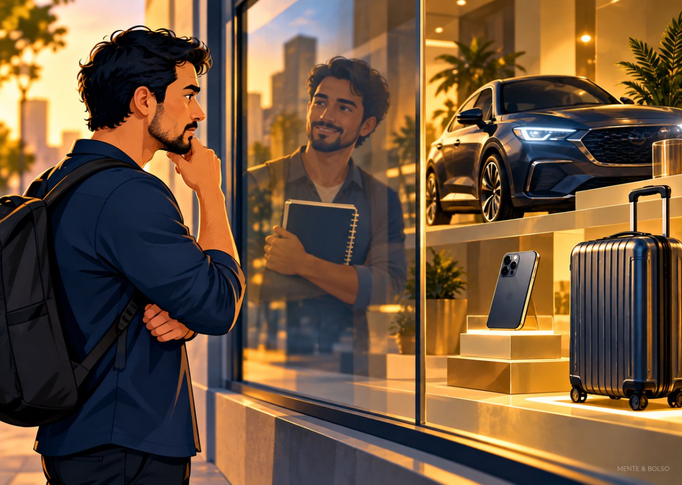 Ilustração de um homem pensativo diante de uma vitrine com um carro, um celular e uma mala, enquanto o reflexo dele no vidro segura um caderno de planejamento