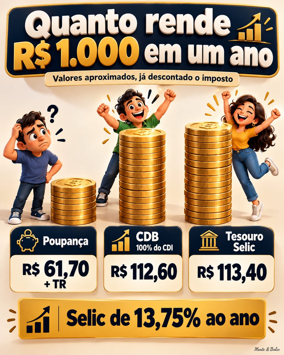Infográfico 3D: quanto rende R$ 1.000 em um ano, valores aproximados já descontado o imposto. Poupança, R$ 61,70 mais TR; CDB 100% do CDI, R$ 112,60; Tesouro Selic, R$ 113,40. Selic de 13,75% ao ano