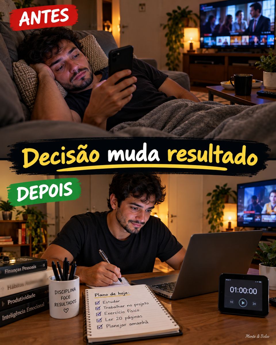 Antes e depois: em cima, um homem deitado no sofá à noite rolando o celular com a TV ligada; embaixo, o mesmo homem à mesa com notebook, caderno de plano do dia e cronômetro de uma hora, com a frase Decisão muda resultado