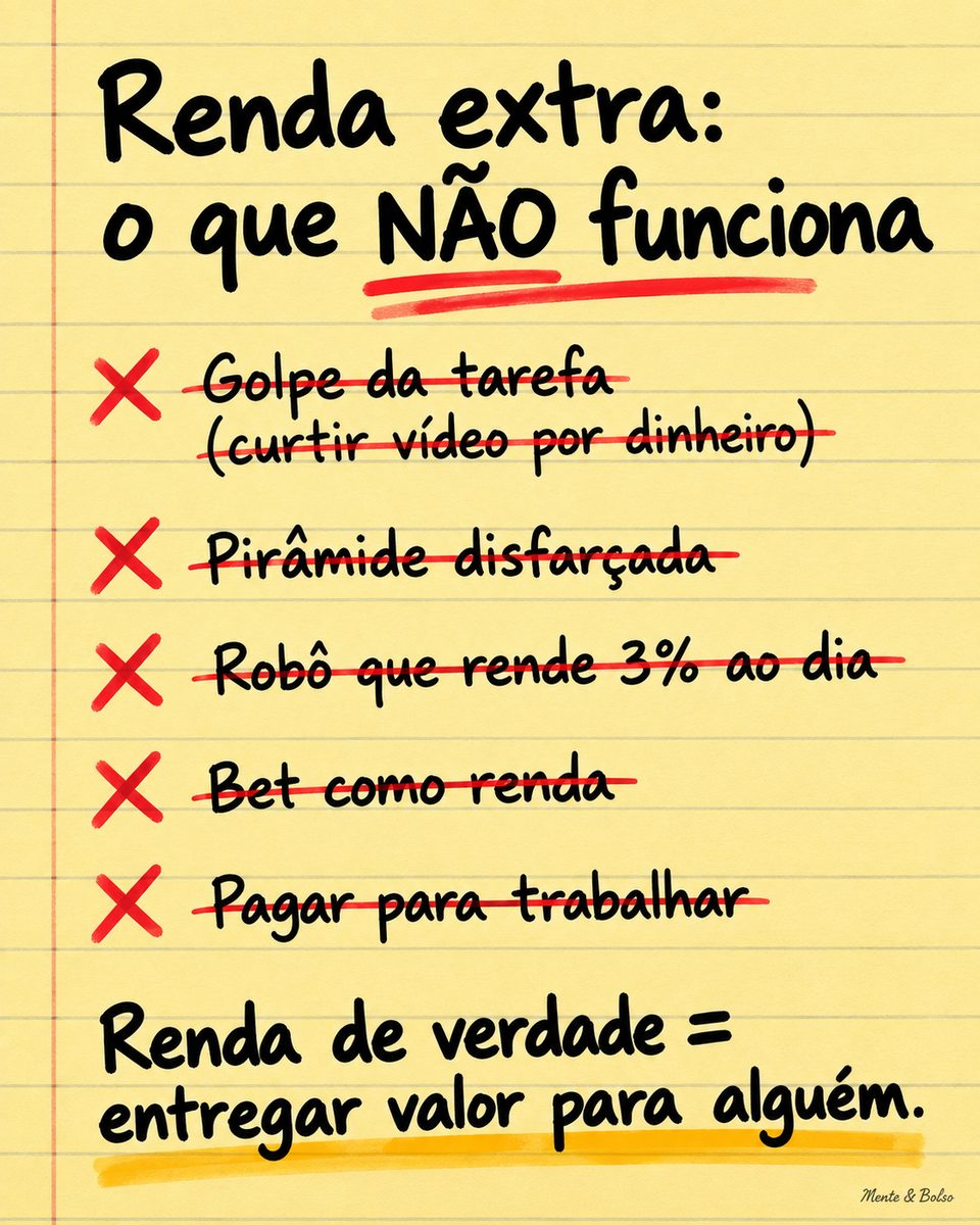 Nota em papel amarelo pautado com o título Renda extra: o que NÃO funciona, e cinco itens riscados em vermelho: golpe da tarefa, pirâmide disfarçada, robô que rende 3% ao dia, bet como renda e pagar para trabalhar. Embaixo: renda de verdade é entregar valor para alguém