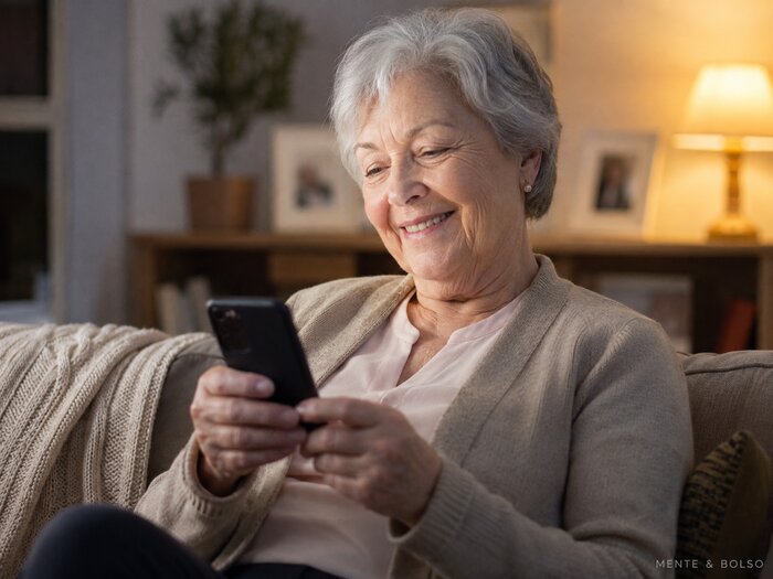 Mulher idosa sorrindo ao ver no celular a notificação de que sua restituição prioritária foi liberada