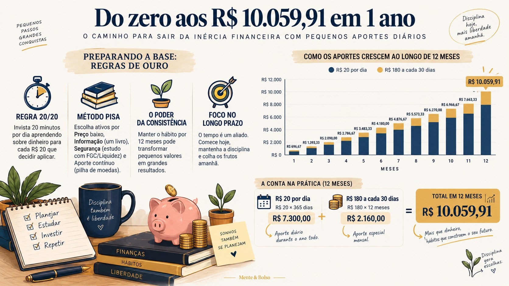 Resumo visual: regra do 2020, metodo PISA e a evolucao mes a mes de R$20 por dia ate R$10.059,91