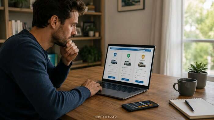 Homem em casa comparando cotações de seguro auto no notebook, com calculadora e caderno de anotações ao lado
