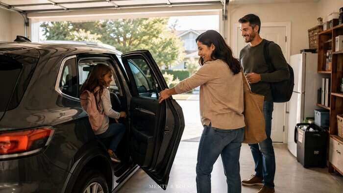 Família pequena entrando no carro na garagem de casa, todos sorrindo, em uma manhã tranquila