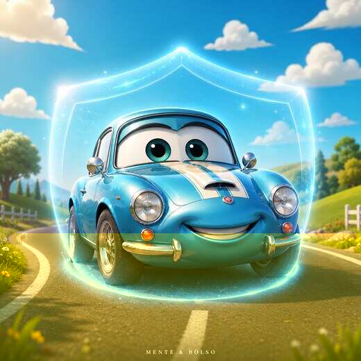 Ilustração divertida de um carrinho de desenho animado sorridente, protegido por um escudo brilhante, representando a proteção do seguro auto