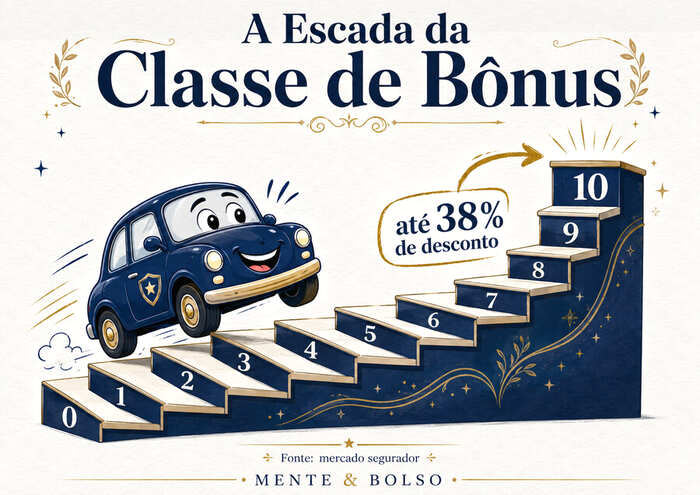 Infográfico ilustrado com um carrinho de desenho animado subindo uma escada de 11 degraus numerados de 0 a 10, representando a classe de bônus do seguro auto e o desconto de até 38%