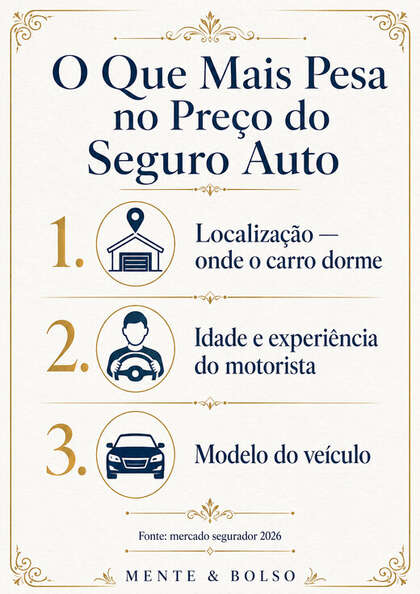Infográfico com os três fatores que mais pesam no preço do seguro auto: localização, idade e experiência do motorista, modelo do veículo