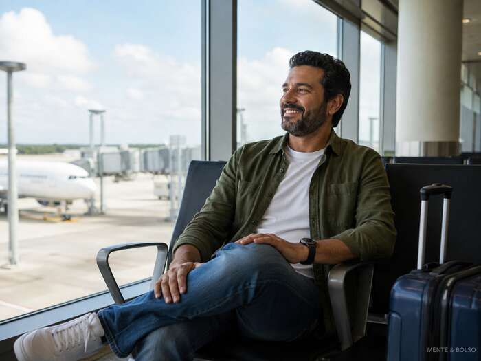 Viajante brasileiro sorrindo, sentado em uma poltrona de aeroporto, com uma mala de viagem ao lado, expressão tranquila