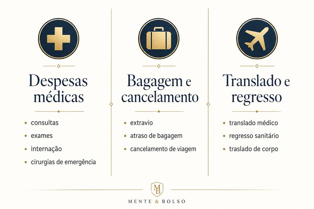 Infográfico dividido em três colunas: despesas médicas, bagagem e cancelamento, e translado e regresso, com os itens cobertos em cada uma