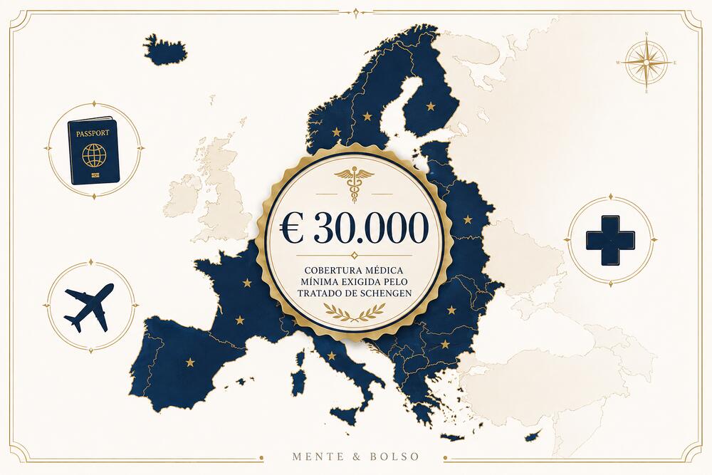 Infográfico com um mapa da Europa e um selo destacando os 30 mil euros de cobertura médica mínima exigida pelo Tratado de Schengen