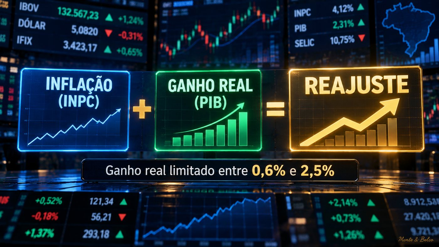Tela financeira com a fórmula do reajuste: inflação (INPC) mais ganho real (PIB) igual a reajuste, com ganho real limitado entre 0,6% e 2,5%