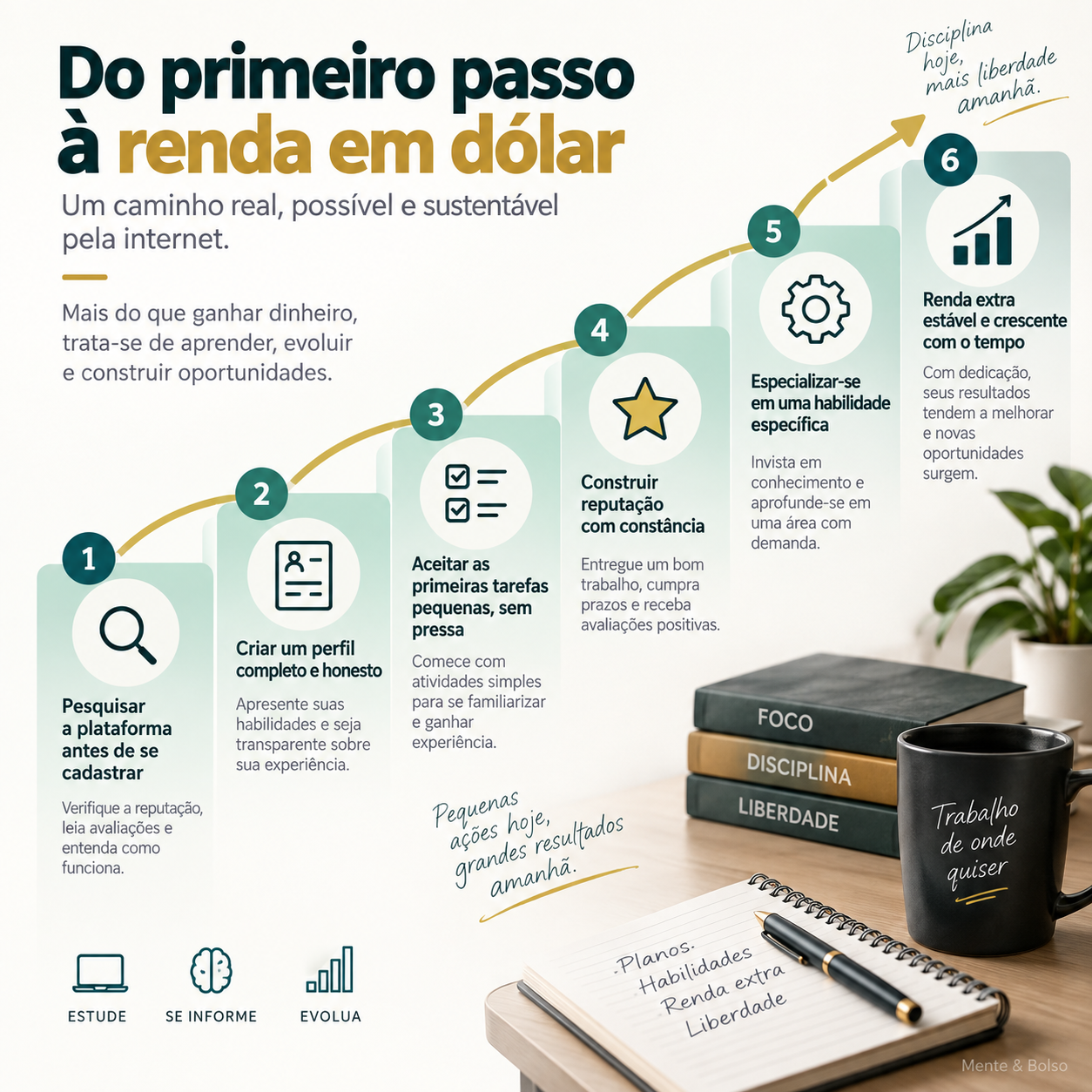 Infográfico com seis degraus mostrando a trajetória de quem quer começar a ganhar em dólar pela internet, da pesquisa inicial até a renda estável