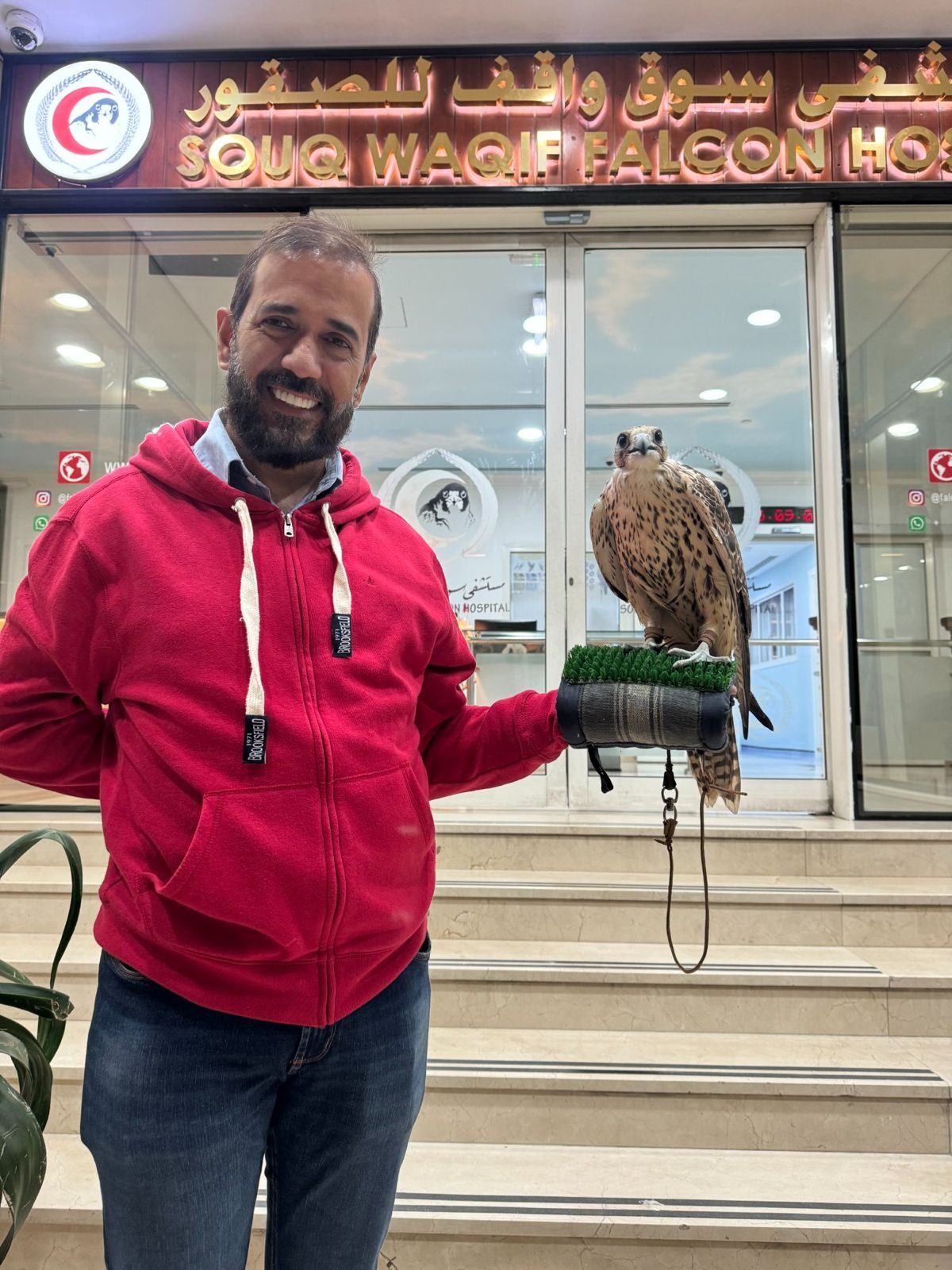 Joaquim segurando um falcão no hospital de falcões do Souq Waqif, no Catar