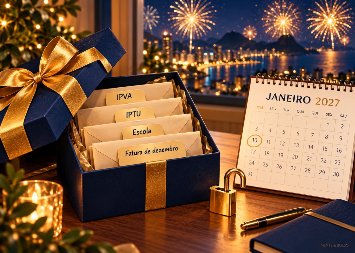 Caixa de presente azul com laço dourado aberta, com envelopes etiquetados IPVA, IPTU, Escola e Fatura de dezembro, ao lado de um calendário de janeiro de 2027 e fogos de artifício pela janela