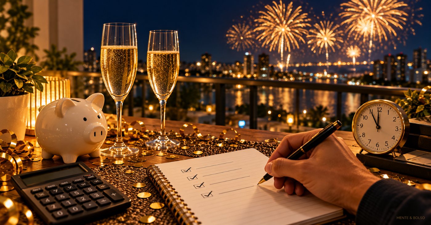 Mesa de varanda com lista, cofrinho e taças, com fogos de artifício de Ano-Novo ao fundo