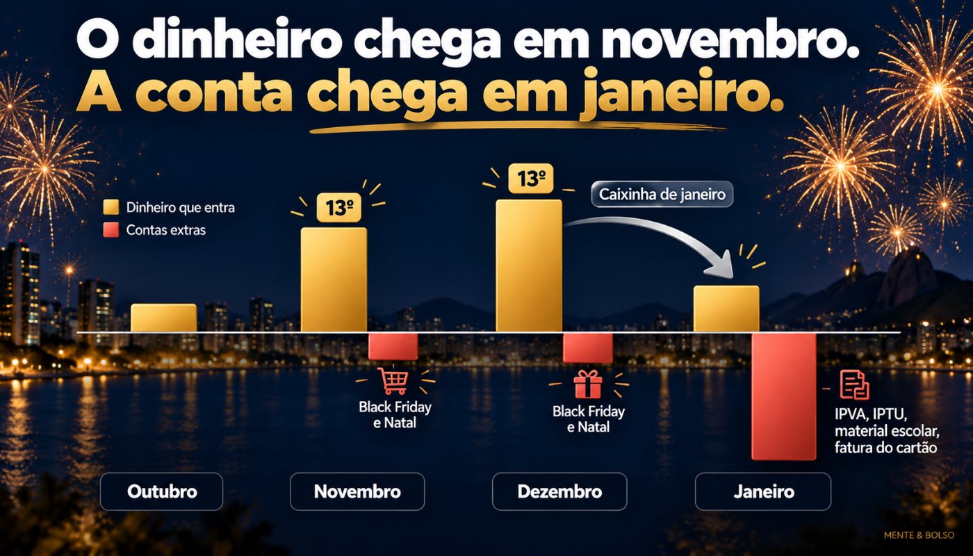 Gráfico de colunas mostrando o dinheiro do 13º entrando em novembro e dezembro e as contas extras concentradas em janeiro, com uma seta indicando a caixinha de janeiro