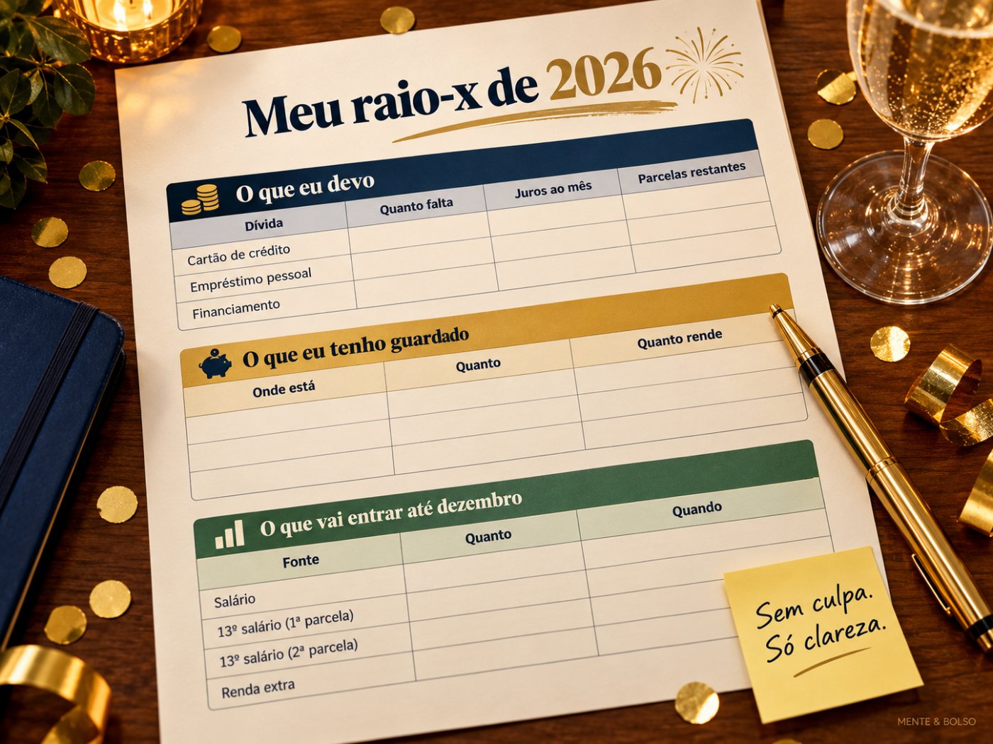 Planilha impressa chamada Meu raio-x de 2026, com tabelas para o que eu devo, o que eu tenho guardado e o que vai entrar até dezembro, e um post-it escrito Sem culpa. Só clareza.